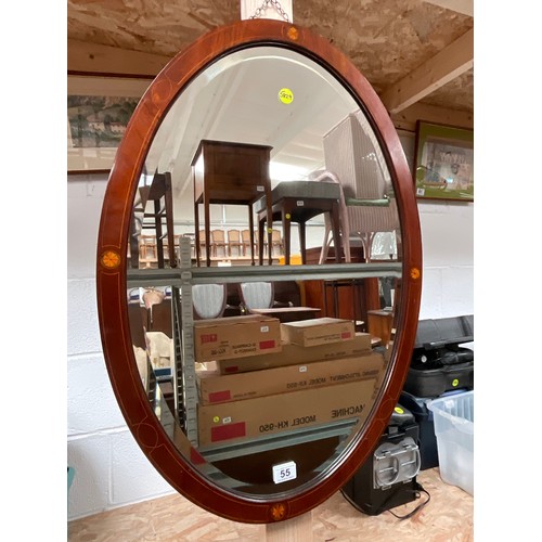 55 - EDWARDIAN MAHOGANY INLAID OVAL WALL MIRROR 33” x 23”