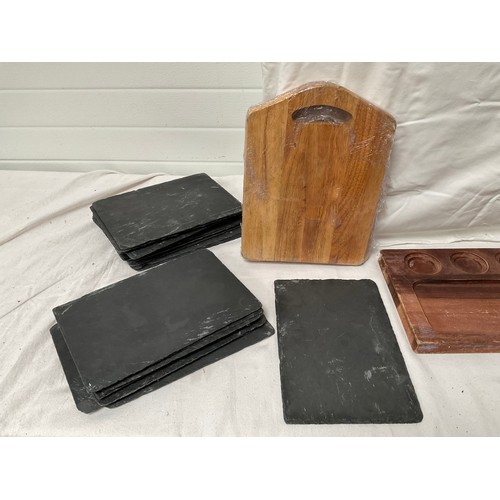 64 - CRATE OF CATERING WOODEN TABLE TRAYS,SLATE TABLE MATS AND WRAPMASTER 4500