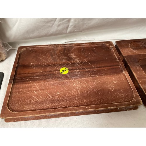 64 - CRATE OF CATERING WOODEN TABLE TRAYS,SLATE TABLE MATS AND WRAPMASTER 4500