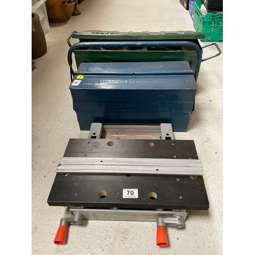 70 - GREEN METAL AMUNITION BOX OF CASTORS AND WHEELS,CANTILEVER TOOL BOX AND CONTENTS,TABLE TOP WORKMATE