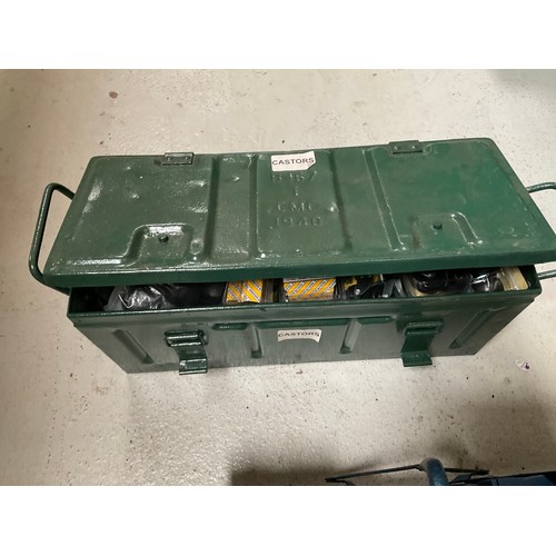 70 - GREEN METAL AMUNITION BOX OF CASTORS AND WHEELS,CANTILEVER TOOL BOX AND CONTENTS,TABLE TOP WORKMATE