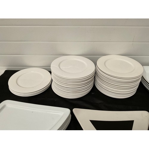 72 - 3 CRATES OF CATERING CHINA DINNER PLATES AND SERVING DISHES, 44 MEDIUM DINNER PLATES,8 TRIANGLE DINN... 