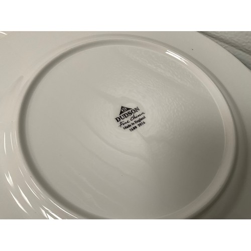 72 - 3 CRATES OF CATERING CHINA DINNER PLATES AND SERVING DISHES, 44 MEDIUM DINNER PLATES,8 TRIANGLE DINN... 