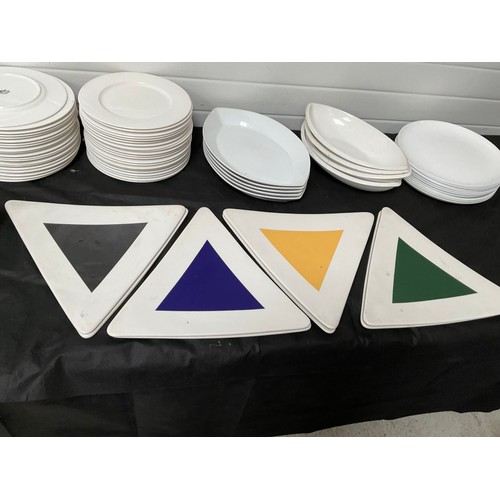 72 - 3 CRATES OF CATERING CHINA DINNER PLATES AND SERVING DISHES, 44 MEDIUM DINNER PLATES,8 TRIANGLE DINN... 