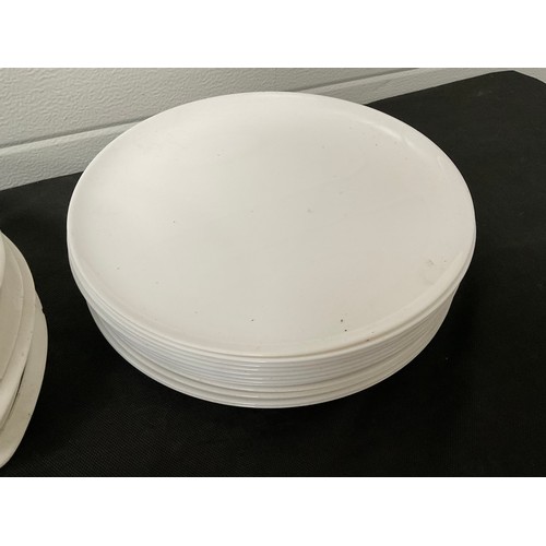 72 - 3 CRATES OF CATERING CHINA DINNER PLATES AND SERVING DISHES, 44 MEDIUM DINNER PLATES,8 TRIANGLE DINN... 