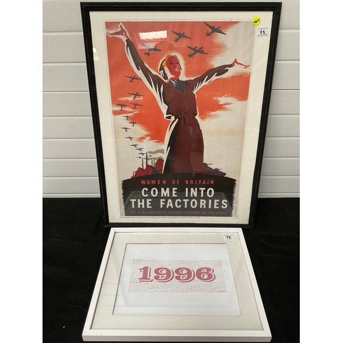 78 - FRAMED WAR TIME POSTER 33” x 25”AND FRAMED BBC 1996 POSTER 21” x 17”