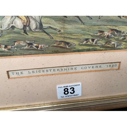 83 - VINTAGE FRAMED HUNTING SCENE PICTURE THE LEICESTERSHIRE COVERS 1820
19” x 23”