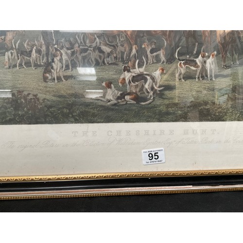 95 - BLACK AND GILT FRAMED HUNTING SCENE PICTURE 
(THE CHESHIRE HUNT) 38” x 27”