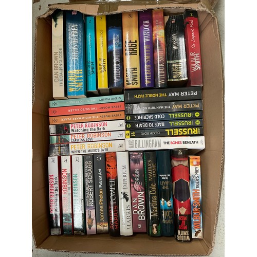 99 - 2 BOXES OF BOOKS TO INCLUDE TOM HOLT,MICHEAL CRICHTON,WILBUR SMITH,LEIGH RUSSELL PETER ROBINSON ETC