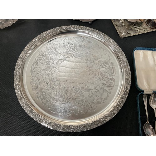 111 - BOX OF SILVER PLATED ITEMS TO INCLUDE HALL MARKED SILVER RIMMED BOWL ETC