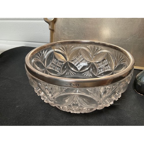 111 - BOX OF SILVER PLATED ITEMS TO INCLUDE HALL MARKED SILVER RIMMED BOWL ETC