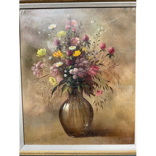 113 - VINTAGE GILT FRAMED OILS ON CANVAS STILL LIFE (FLOWERS) 29” x 25”