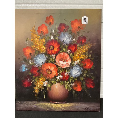 127 - 2 UNFRAMED STILL LIFE OILS ON CANVAS PICTURES (FLOWERS) 20” x 24” AND 24” x 20”