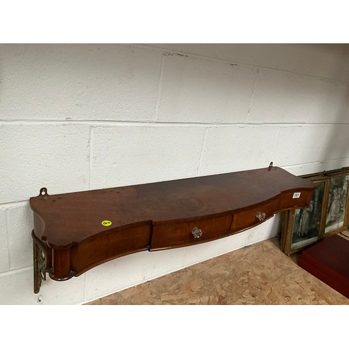 161 - VICTORIAN MAHOGANY SERPENTINE FRONTED CONSOLE WALL SHELF WITH 2 DRAWERS SUPPORTED ON BRASS DECORATIV... 