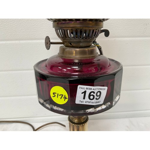 169 - VICTORIAN BRASS OIL LAMP WITH RUBY RED BOWL AND ETCHED GLASS SHADE (CONVERTED TO ELECTRIC) H24”