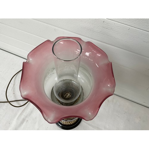 169 - VICTORIAN BRASS OIL LAMP WITH RUBY RED BOWL AND ETCHED GLASS SHADE (CONVERTED TO ELECTRIC) H24”