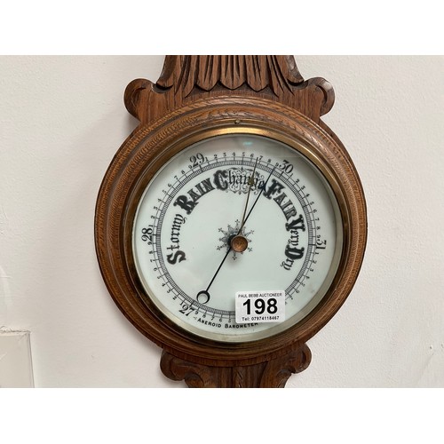 198 - VINTAGE CARVED OAK WALL BAROMETER H29”