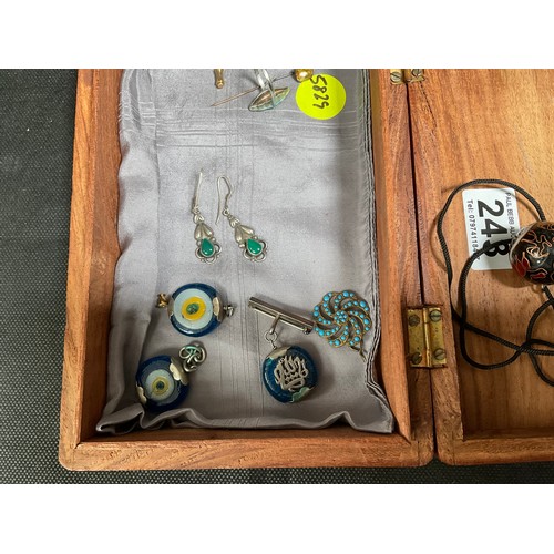 243 - JEWELLERY BOX AND SILVER EAR RINGS ETC