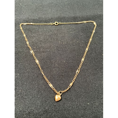 231 - 9CT GOLD NECKLACE WITH HEART PENDANT W4.2G HAT PIN AND GOLD COLOURED NECKLACE