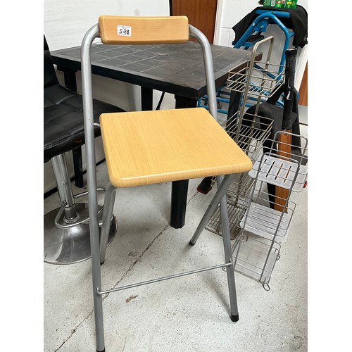 528 - BLACK PLASTIC TABLE ,2 RACKS AND 2 STOOLS