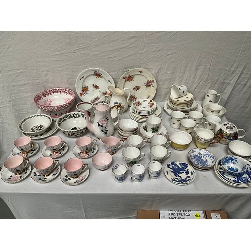 5 - TWO BOXES OF VICTORIAN AND LATER CHINA TEA SETS ETC TO INCLUDE COALPORT, PORTMEIRION, ROYAL ALBERT E... 