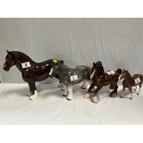 8 - BESWICK SHIRE HORSE ,ROYAL DOULTON BROWN MARE,UNMARKED GREY SHIRE HORSE AND PONY