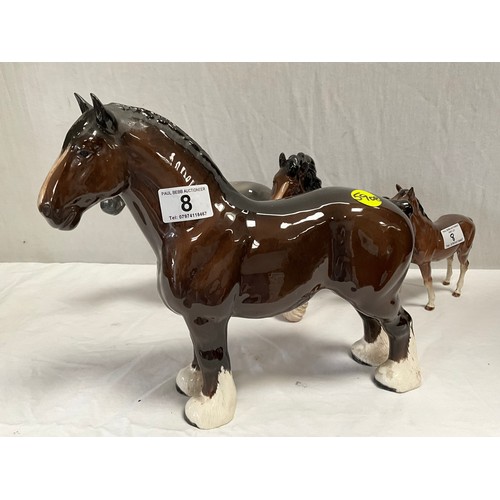 8 - BESWICK SHIRE HORSE ,ROYAL DOULTON BROWN MARE,UNMARKED GREY SHIRE HORSE AND PONY