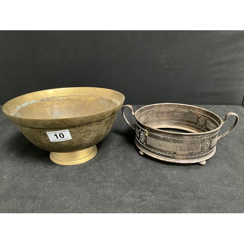 10 - INDIAN BRASS BOWL AND SILVER PLATED STAND