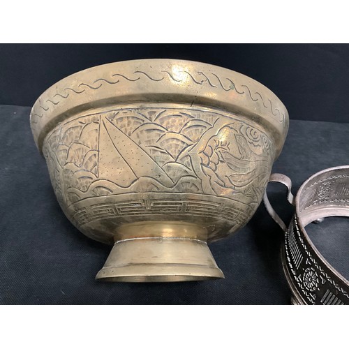 10 - INDIAN BRASS BOWL AND SILVER PLATED STAND