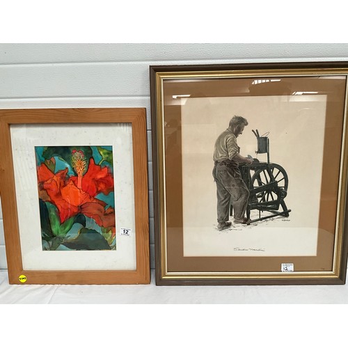 12 - FRAMED WATERCOLOUR (FLOWER)23” x 19” AND A VINTAGE FRAMED PRINTS (KNIFE SHARPNER) 27” x 24”