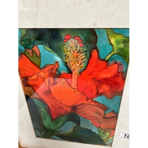 12 - FRAMED WATERCOLOUR (FLOWER)23” x 19” AND A VINTAGE FRAMED PRINTS (KNIFE SHARPNER) 27” x 24”