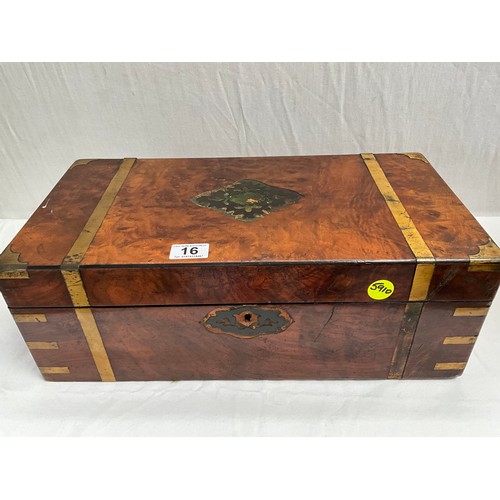 16 - VICTORIAN WALNUT BRASS BOUND WRITING BOX WITH FITTED INTERIOR A/F H7” W20”D10”