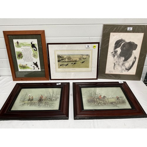 18 - 3 FRAMED HUNTING SCENE PICTURES AND 2 SHEEP DOG PICTURES