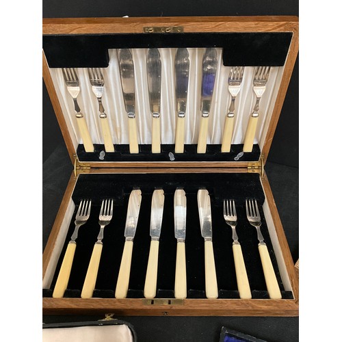 19 - QUANTITY OF CUTLERY TO INCLUDE CASED FISH KNIVES AND FORKS, CASED TEA SPOONS ETC