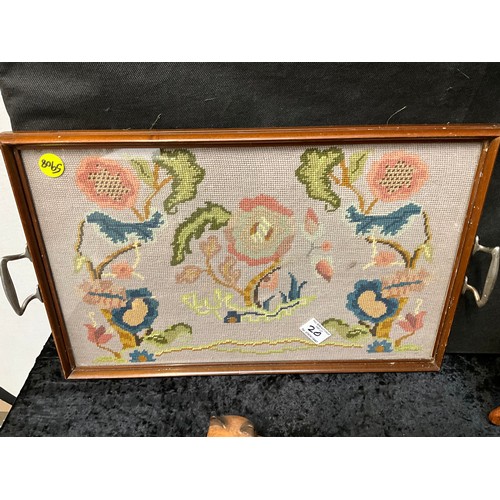 20 - VINTAGE TAPESTRY SERVING TRAY AND COLLECTION OF WOODEN ANIMALS ETC