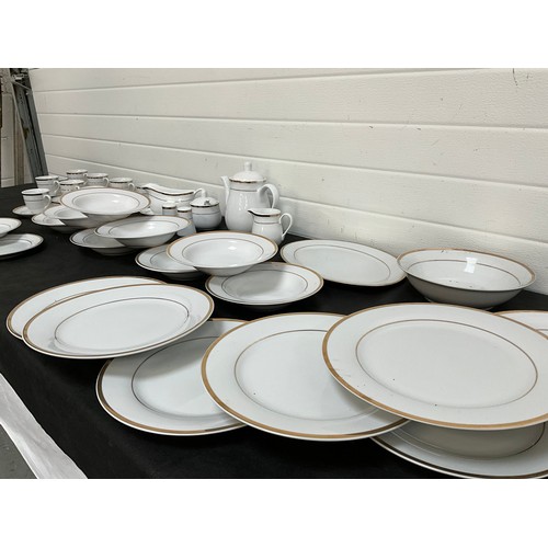 32 - LARGE FORTY NINE PIECE MODERN WHITE CHINA TEA AND DINNER SERVICE WITH GOLD RIM DECORATION