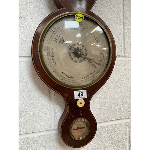 49 - VICTORIAN MAHOGANY INLAID WALL BAROMETER A/F H38”