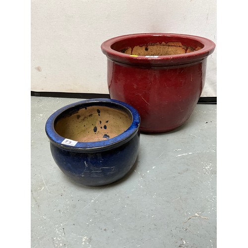 53 - RED GLAZED GARDEN PLANTER H13” DIA17” AND BLUE GLAZED GARDEN PLANTER H7” DIA11”