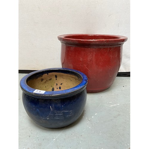 53 - RED GLAZED GARDEN PLANTER H13” DIA17” AND BLUE GLAZED GARDEN PLANTER H7” DIA11”