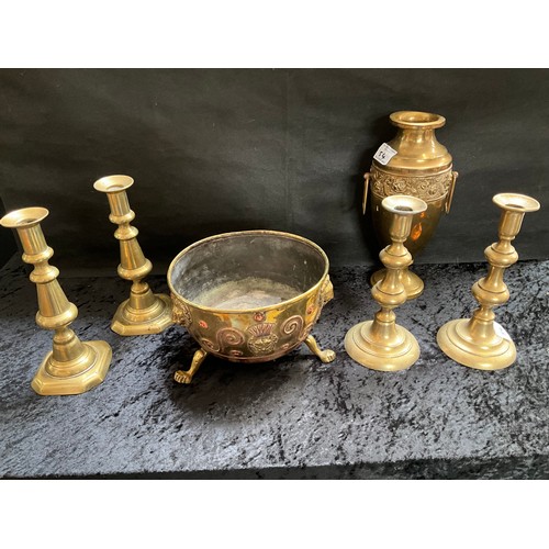 54 - BRASS AND COPPER JARDINERE,VASE AND 2 PAIRS OF VICTORIAN BRASS CANDLESTICKS