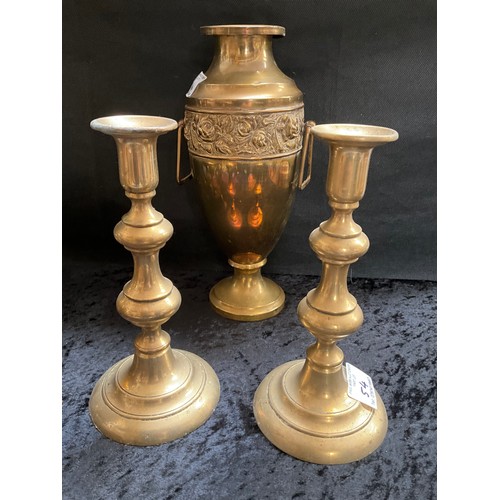 54 - BRASS AND COPPER JARDINERE,VASE AND 2 PAIRS OF VICTORIAN BRASS CANDLESTICKS