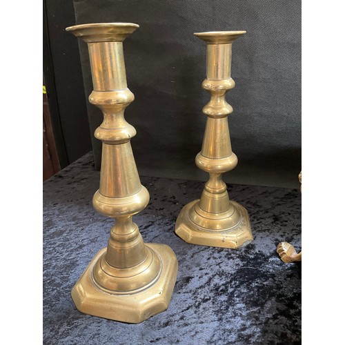 54 - BRASS AND COPPER JARDINERE,VASE AND 2 PAIRS OF VICTORIAN BRASS CANDLESTICKS