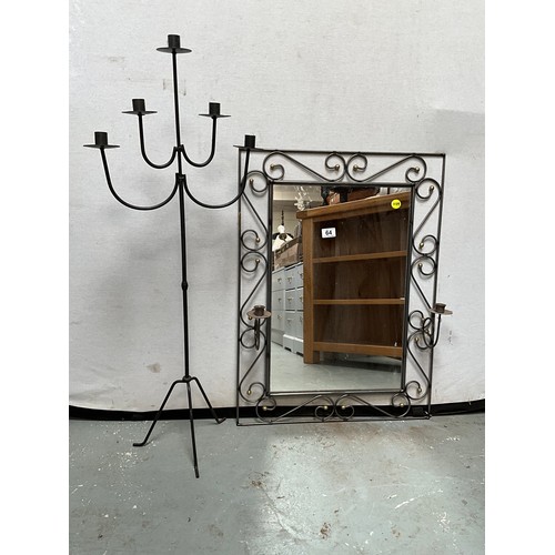 64 - MODERN METAL FRAMED WALL MIRROR 31” x 23” AND CANDLE STAND H39”