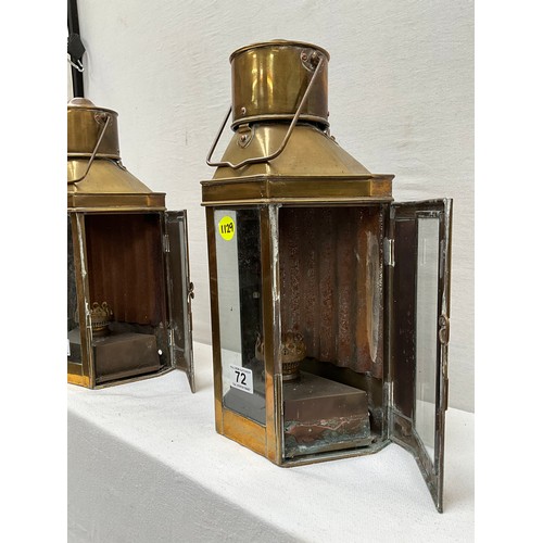 72 - PAIR OF BRASS HANGING OIL LANTERNS H21”