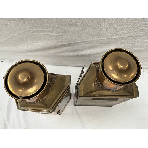 72 - PAIR OF BRASS HANGING OIL LANTERNS H21”