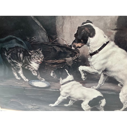 78 - VINTAGE FRAMED PICTURE OF DOGS AND CAT 
26” x 19”