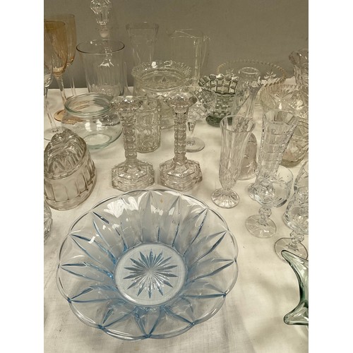 84 - TWO BOXES OF GLASSWARE TO INCLUDE VASES, BOWLS, JUGS ETC