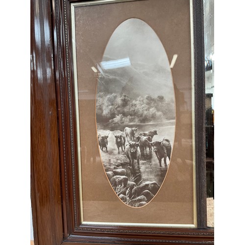 90 - EDWARDIAN MAHOGANY FRAMED OVERMANTLE MIRROR,WITH CENTRAL MIRROR FLANKED TO LEFT WITH HIGHLAND CATTLE... 