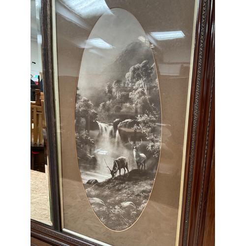 90 - EDWARDIAN MAHOGANY FRAMED OVERMANTLE MIRROR,WITH CENTRAL MIRROR FLANKED TO LEFT WITH HIGHLAND CATTLE... 