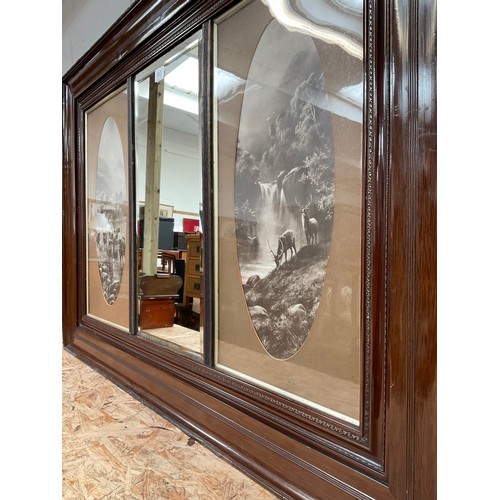 90 - EDWARDIAN MAHOGANY FRAMED OVERMANTLE MIRROR,WITH CENTRAL MIRROR FLANKED TO LEFT WITH HIGHLAND CATTLE... 